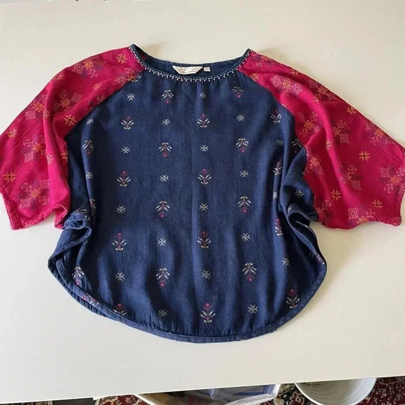 Tavisha Women’s Boho Top Medium Crop Blue/Fuschia Beaded Festival Hippie Casual - Picture 3 of 12